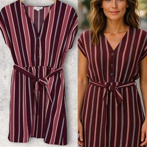 PINK Rose Purple Pink Striped Tie Waist Mini Dress Size Medium Belted Burgundy M